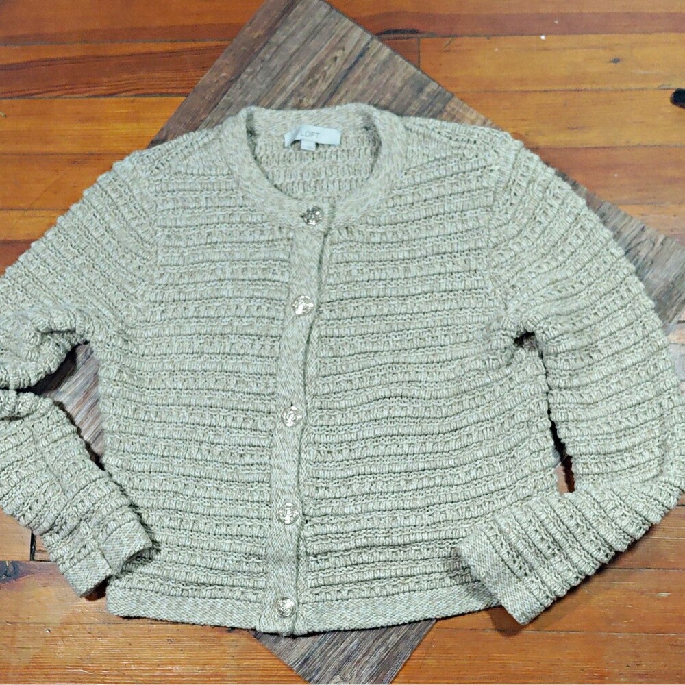 LOFT LG Women's Solid Beige Knit Button-Front Cardigan Sweater